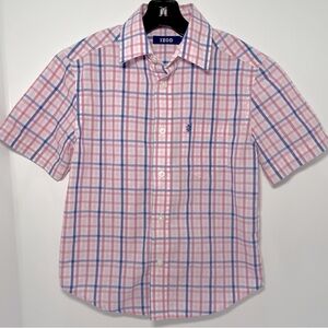 IZOD Boys Size 8 S/P Short Sleeve Button Down Shirt Pink Blue Plaid Cotton Blend